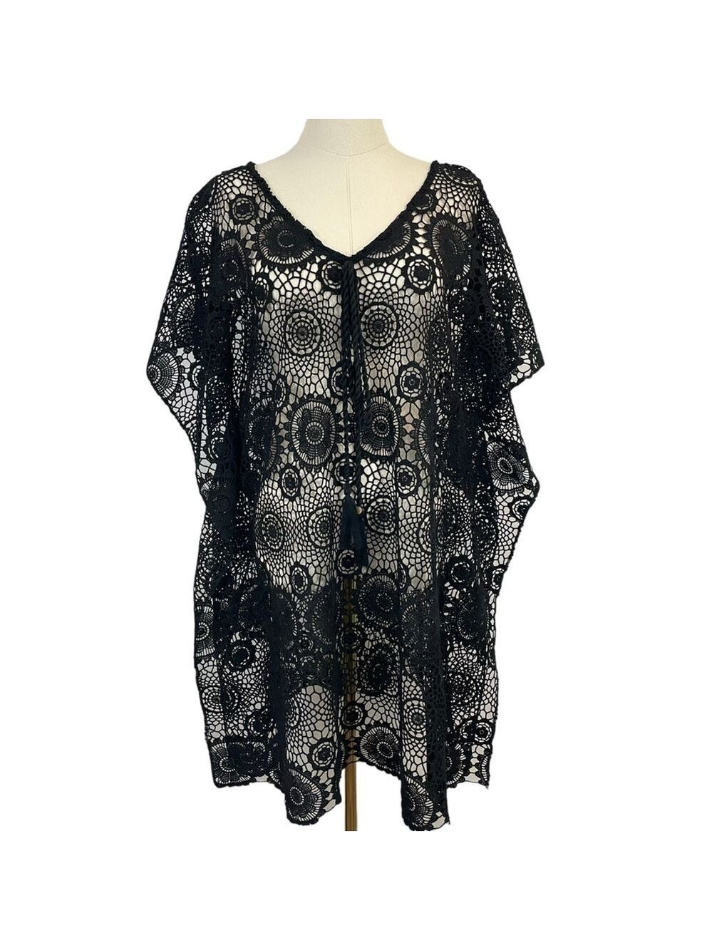 Crochet Swim Cover Womens S/M Black Open Knit Boho Swim Pool Vacation EUC
